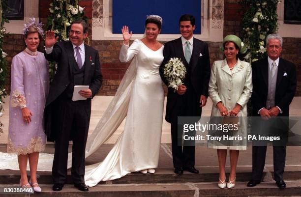 Princess Alexia of Greece and her husband Carlos Morales Quintana of Spain with her parents to the left, King Constantine and Queen Anne-Marie of...