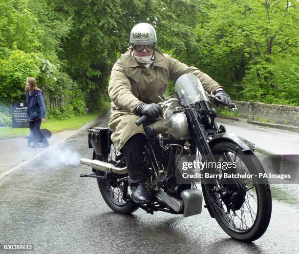 Justin Wand from Hitchin sets off from Clouds Hill on his 1926 Brough, at the start of a rally to Shaw's Corner. A dozen riders, dressed in period...