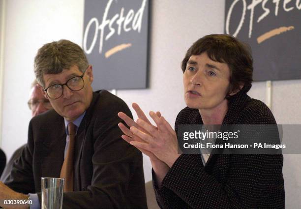 School Standards Minister Estelle Morris and Chief Inspector of Schools Chris Woodhead at a news conference in London, after the recent Office for...