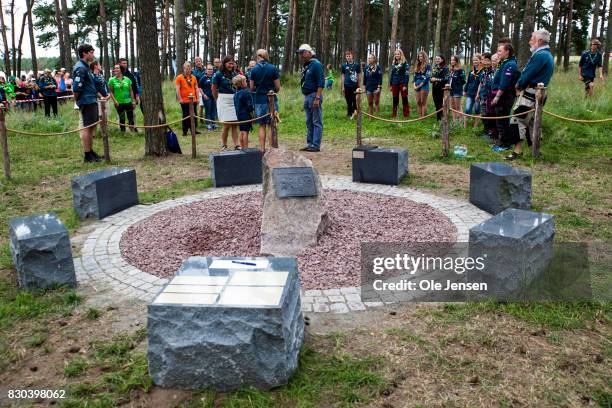 Swedish King Carl Gustav at statue for previous jamborees during his visit to the scouts jamboree on August 11, 2017 in Kristianstad, Sweden. The...