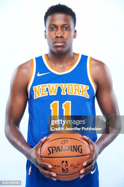 Frank Ntilikina of the New York Knicks poses for a photo during the 2017 NBA Rookie Shoot on August 11, 2017 at the Madison Square Garden Training...