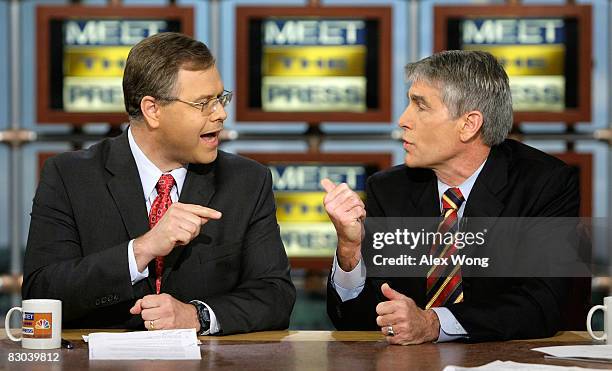 Former U.S. Rep. Bob Schaffer debates with current Rep. Mark Udall during a taping of "Meet the Press" at the NBC studios September 28, 2008 in...
