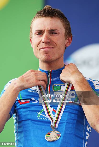 Damiano Cunego of Italy finished second in the Elite Men's Road Race during the 2008 UCI Road World Championships on September 28, 2008 in Varese,...