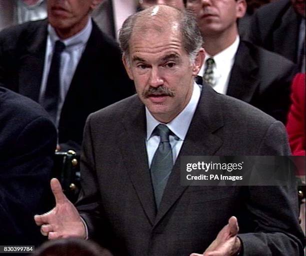 Greece's Foreign Minister George Papandreou answers questions about the future of the Elgin Marbles in in front of the House of Commons culture...