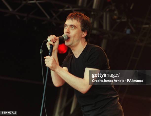 Singer Paul McCloone, of the Irish pop-punk band The Undertones, performing on stage at The Fleadh music festival in Finsbury Park, central London,...