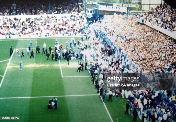 This picture may only be used within the context of the Hillsborough court case. Filer of the Leppings Lane end of Sheffield Wednesday's Hillsborough...