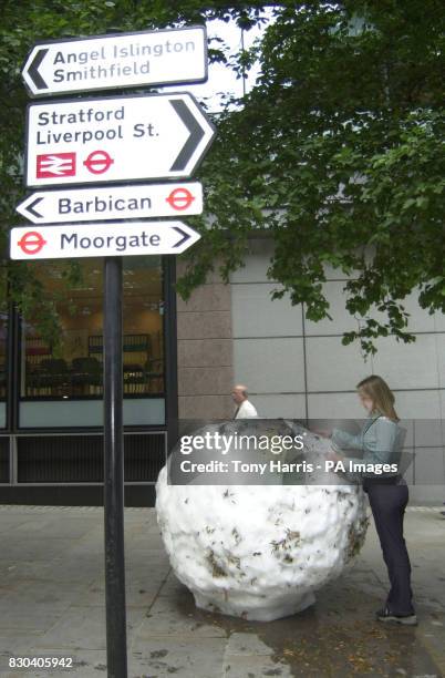 Passer by looks at a giant snowball which is forming part of an unusual art exhibition in London. The thirteen one ton snowballs, made by British...