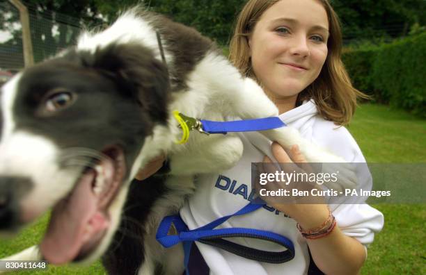 Fifteen year old Kelly Fountain greets Bruiser, a puppy that belonged to the BBC Castaways on the island of Taransay, will be taking up home with...