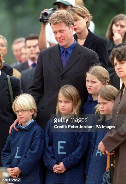 Earl Spencer with his children Louis, Eliza, Kitty and Amelia at the opening of the Diana, Princess of Wales memorial garden, in Hyde Park, which was...