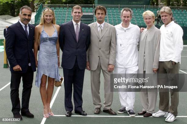 Mansour Bahrami, Anna Kournikova, Duke of York, Henri Leconte, John McEnroe, Jana Novotna and Bjorn Borg on Buckingham Palace tennis court, before...