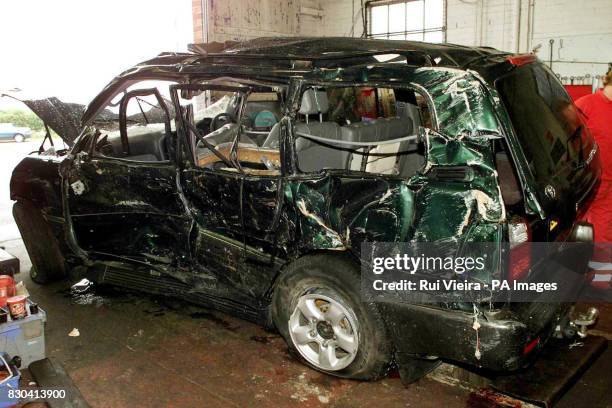 The battered Toyota Landcruiser, which was involved in a fatal crash with a Daewoo on the A57 past the Todwick crossroads near Sheffield, South Yorks...