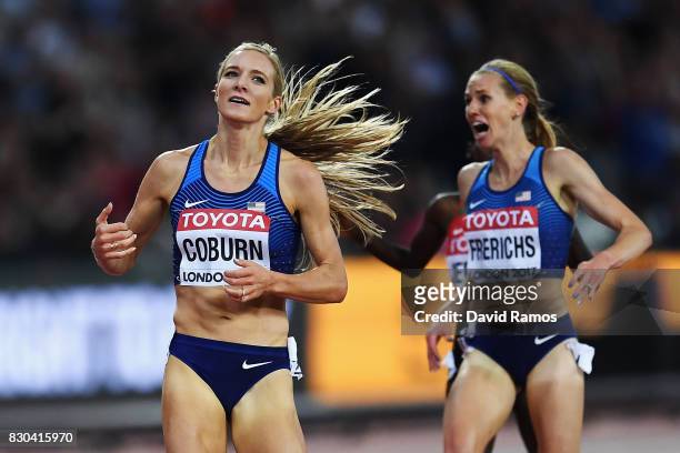 Emma Coburn of the United States, gold, and Courtney Frerichs of the United States, silver, celebrate as they cross the finishline in the Women's...