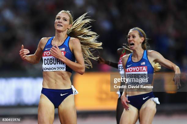 Emma Coburn of the United States, gold, and Courtney Frerichs of the United States, silver, celebrate as they cross the finishline in the Women's...