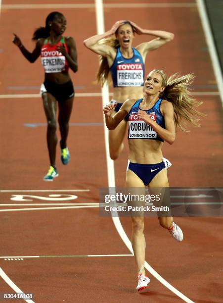 Emma Coburn of the United States, gold, and Courtney Frerichs of the United States, silver, celebrate as they cross the finishline in the Women's...