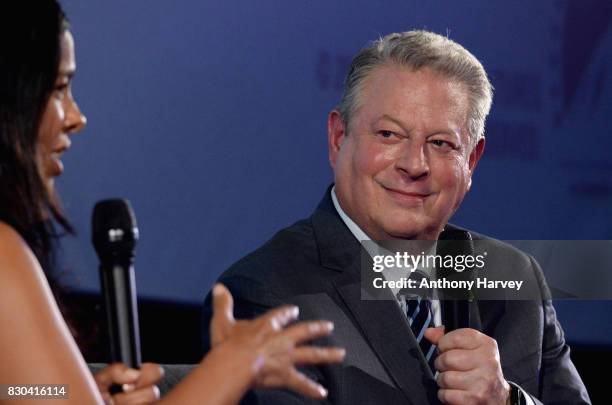 Former US Vice President Al Gore speaks on stage with host Liz Bonnin during a Q&A for the film "An Inconvenient Sequel: Truth To Power" at the...