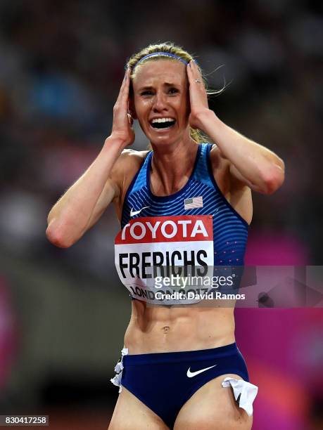 Courtney Frerichs of the United States, silver, celebrates after the Women's 3000 metres Steeplechase final during day eight of the 16th IAAF World...