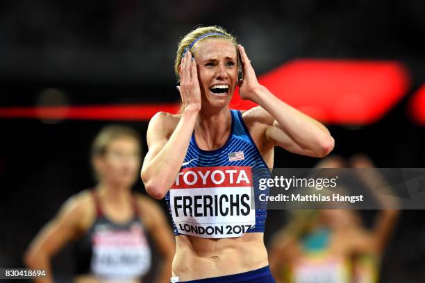 Courtney Frerichs of the United States, silver, celebrates after the Women's 3000 metres Steeplechase final during day eight of the 16th IAAF World...