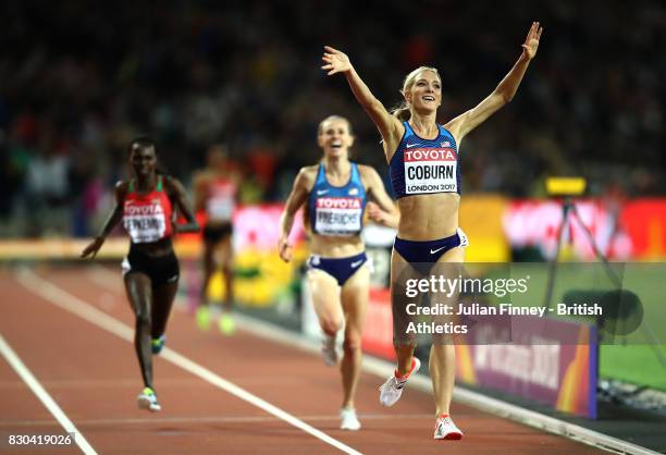 Emma Coburn of the United States, gold, Courtney Frerichs of the United States, silver, and Hyvin Kiyeng Jepkemoi of Kenya, bronze, cross the...