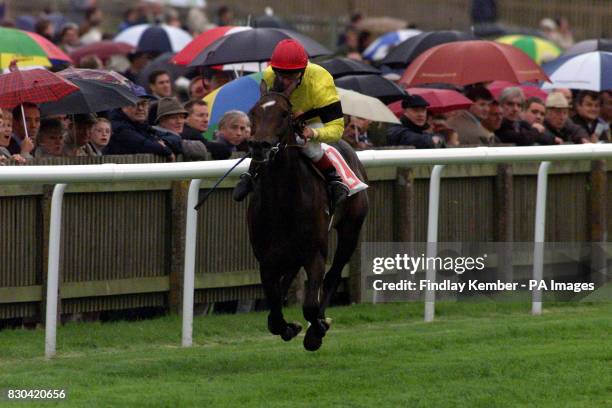 Pat Eddery riding Little Rock wins the The Princess Of Wales Stakes race at Newmarket's Racecourse.
