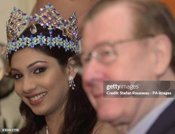 Miss World, Yukta Mookhey during a news conference to announce Miss World 2000 with organiser Eric Morley in London.