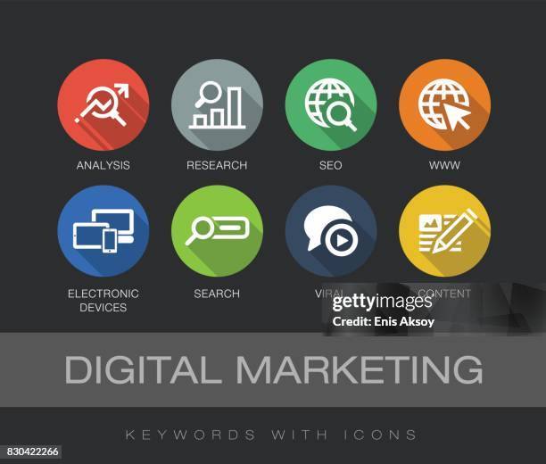 digital marketing keywords with icons - content marketing strategy stock illustrations