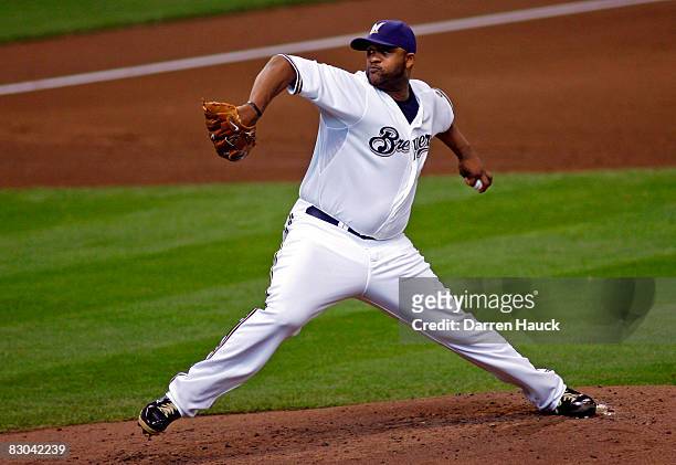 Starting pitcher CC Sabathia of the Milwaukee Brewers pitches against the Chicago Cubs in the second inning at Miller Park on September 28, 2008 in...