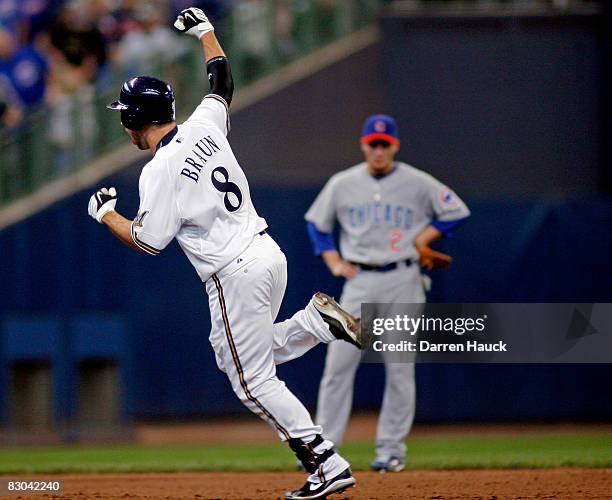 Ryan Braun of the Milwaukee Brewers celebrates his game winning two run home run against the Chicago Cubs in the eighth inning at Miller Park on...