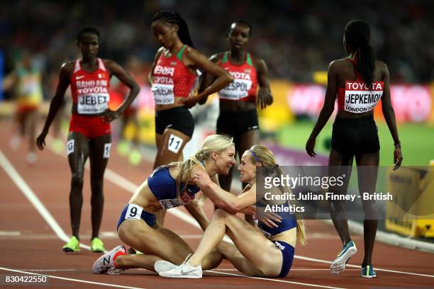 Emma Coburn of the United States, gold, celebrates with Courtney Frerichs of the United States, silver, after the Women's 3000 metres Steeplechase...