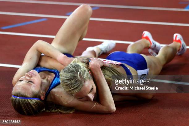 Emma Coburn of the United States, gold, celebrates with Courtney Frerichs of the United States, silver, after the Women's 3000 metres Steeplechase...