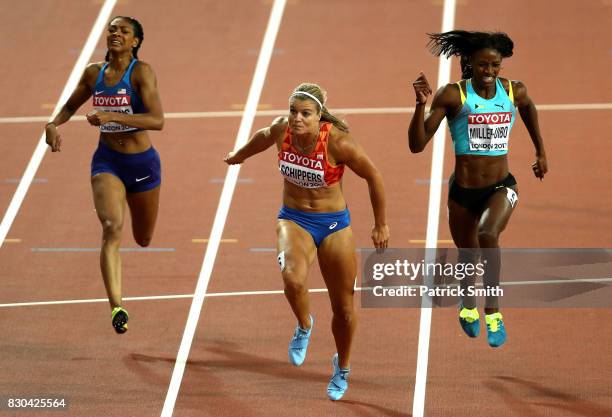 Dafne Schippers of the Netherlands, Shaunae Miller-Uibo of the Bahamas and Deajah Stevens of the United States race to the finish line in the Women's...