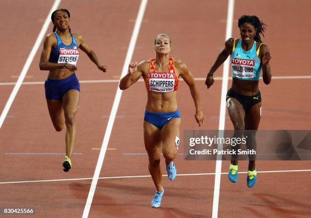 Dafne Schippers of the Netherlands, Shaunae Miller-Uibo of the Bahamas and Deajah Stevens of the United States race to the finish line in the Women's...