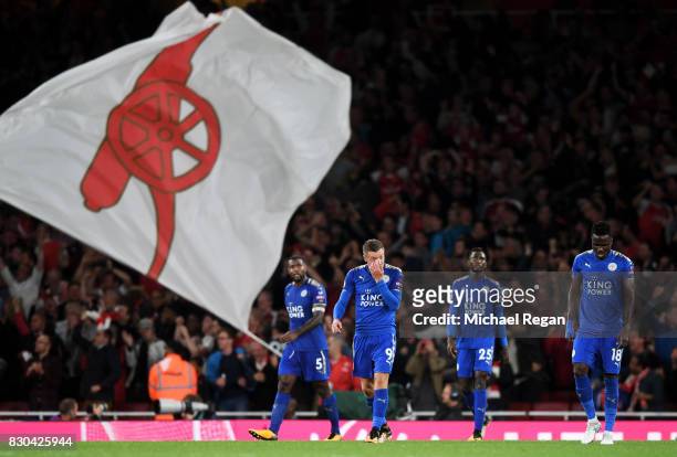 Dejected Leicester players look on after conceding a fourth goal during the Premier League match between Arsenal and Leicester City at the Emirates...