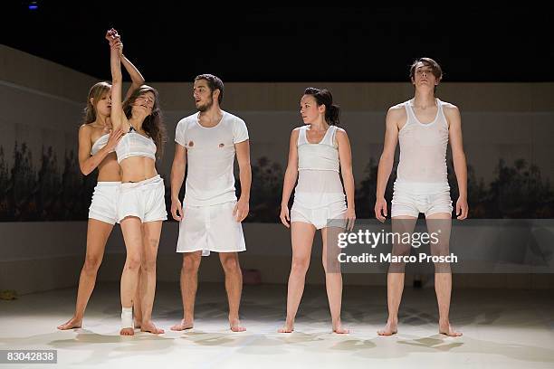 Actors Lisa Bitter, Ines Schiller, Bastian Reiber, Stefanie Roesner, Benjamin Schaup perform at the rehearsal of 'Feuchtgebiete' based on the book by...