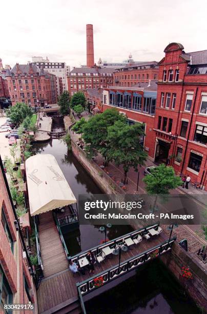 View of Canal Street and the waterways, a famous gay district in the city of Manchester, looking down from apartments opposite.