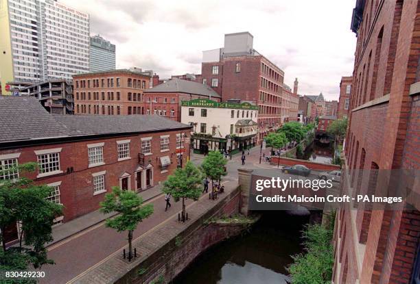 View from apartments opposite looking down on Canal Street, Manchester, a famous gay district of the city.