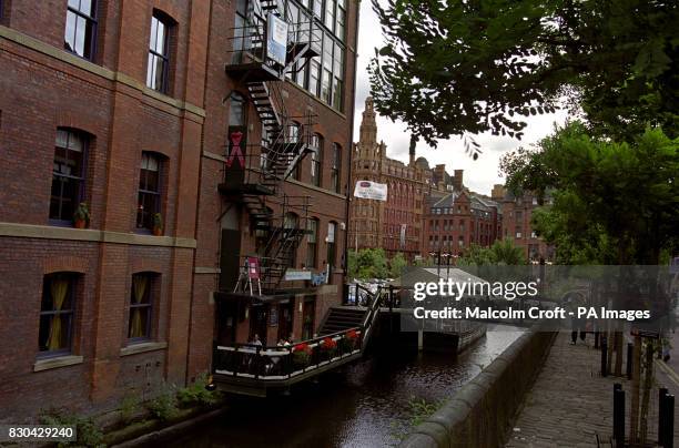 View of apartments by the river next to Canal Street, Manchester, a famous gay district of the city.