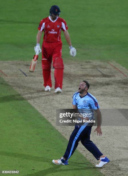 Tim Bresnan of Yorkshire Vikings celebrates taking the wicket of Ryan McLaren of Lancashire Lightning during the NatWest T20 Blast between Yorkshire...