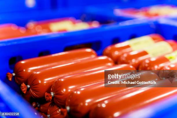 Sausages in a box at meat warehouse of German Edeka supermarket cooperative or Edeka Frische Logistikzentrum on August 09, 2017 in Freienbrink,...