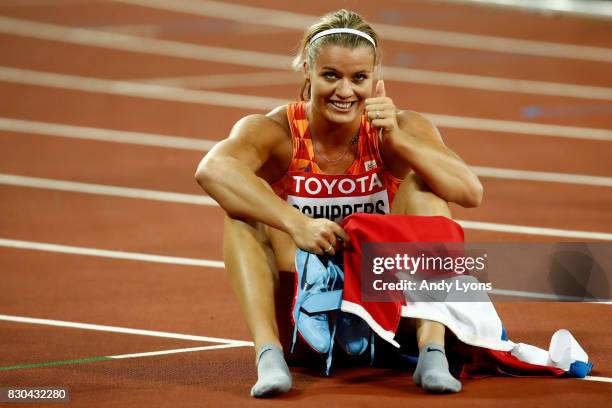 Dafne Schippers of the Netherlands, celebrates after winning gold in the Women's 200 metres final during day eight of the 16th IAAF World Athletics...