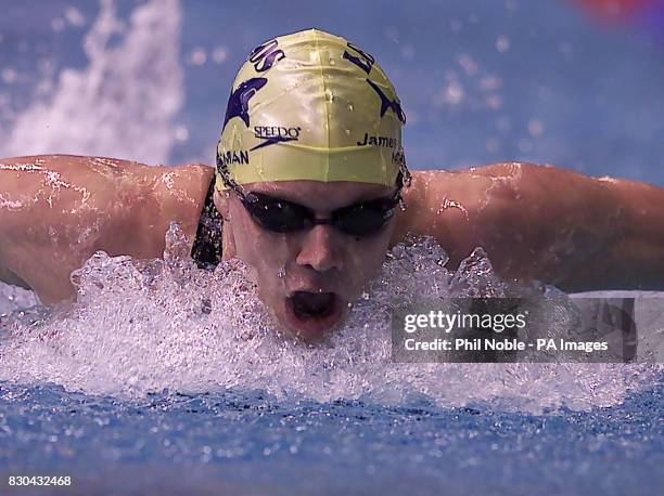 James Hickman bursts through the water during the final of the Mens 200 metres Butterfly at the British 2000 Olympic swimming trials at Ponds Forge...