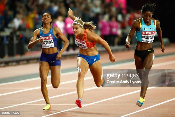 Dafne Schippers of the Netherlands, Shaunae Miller-Uibo of the Bahamas and Deajah Stevens of the United States race to the finish line in the Women's...