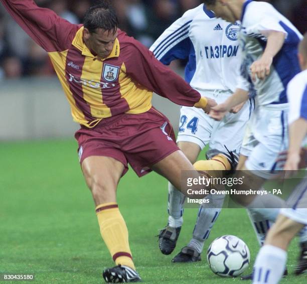 This picture can only be used within the context of an editorial feature. Bradford City's Lee Mills Shoots just wide against St Petersburg during...