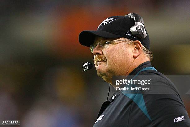 Head coach Andy Reid of the Philadelphia Eagles looks on against the Chicago Bears at Soldier Field on September 28, 2008 in Chicago, Illinois. The...