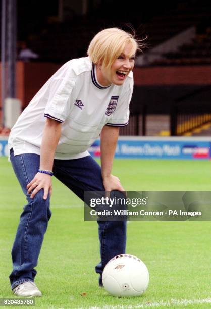 Wendy Turner, from Channel 4's Pet Rescue, taking part in the pre-match penalty shoot out, before the inaugral Women's Charity Shield football match...