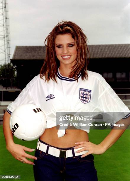 Fashion model Jordan appearing in an England football shirt, during the inaugral Women's Charity Shield football match, between Arsenal and Croydon,...