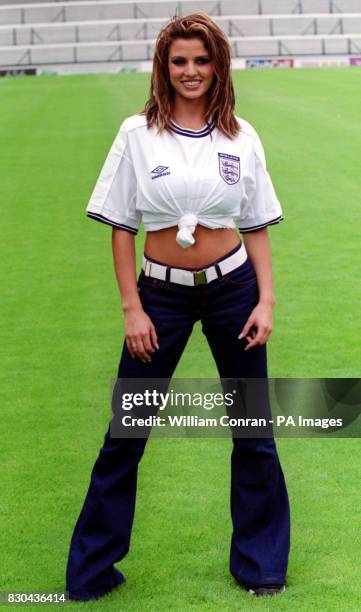 Fashion model Jordan appearing in an England football shirt, during the inaugral Women's Charity Shield football match, between Arsenal and Croydon,...