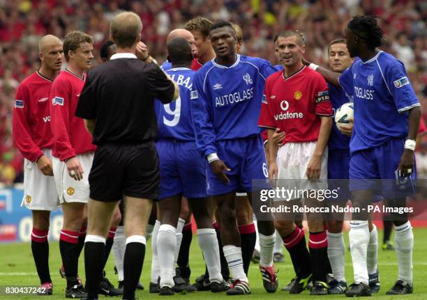Chelsea and Manchester United players with the referee, during the FA Charity Shield at Wembley Stadium, London