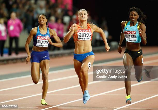 Dafne Schippers of the Netherlands, Shaunae Miller-Uibo of the Bahamas and Deajah Stevens of the United States race to the finish line in the Women's...