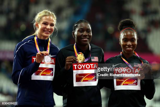 Darya Klishina of the Authorised Neutral Athletes, silver, Brittney Reese of the United States, gold, and Tianna Bartoletta of the United States,...