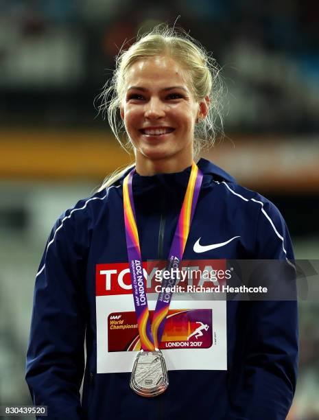 Darya Klishina of the Authorised Neutral Athletes, silver, poses with her medal for women's long jump during day eight of the 16th IAAF World...
